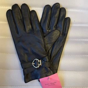 Kate Spade New York Black Leather Gloves Spade Buckle Detail Silver Tone Lined